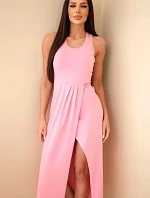 Dámske bavlnené midi šaty bez rukávov s riasením svetlo ružové