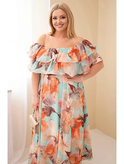 Dámske plus size šaty s volánom a odhalenými ramenami, s elastickým pásom maxi mint