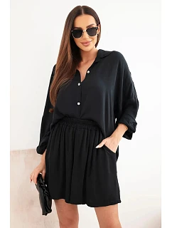 Dámska súprava z viskózy: košeľa s gombíkmi a voľné šortky čierna