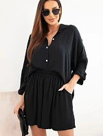 Dámska súprava z viskózy: košeľa s gombíkmi a voľné šortky čierna