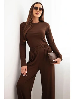 Dámsky viskózový komplet s blúzkou a širokými nohavicami hnedej farby