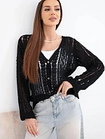 Dámsky bavlnený a čipkovaný sveter s výstrihom do V čierny