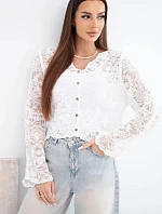 Dámsky bavlnený čipkovaný sveter s dlhými rukávmi biely