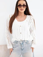 Dámsky bavlnený a čipkovaný sveter s výstrihom do V biely