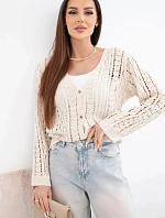 Dámsky bavlnený a čipkovaný sveter s výstrihom do V v béžovej farbe