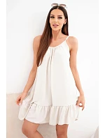 Dámske viskózové šaty bez ramienok s volánom a viazaním béžovej farby