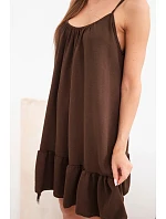Dámske viskózové šaty bez ramienok s volánom a kravatou hnedej farby