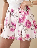 Dámske viskózové šortky s kvetinovým vzorom a viazaním v páse ružové