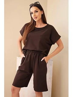 Dámska bavlnená súprava blúzky s krátkym rukávom a šortiek s elastickým pásom hnedej farby