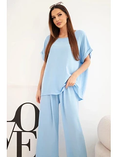 Dámske Plus veľkosť blúzka a široké nohavice Set Blue