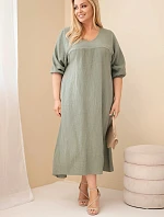 Dámské šaty plus size z bavlněného mušelínu s výstřihem do V khaki