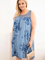 Dámské šaty Plus Size viskózové s květinami a krajkovým vrškem džínová