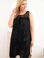 Dámské šaty Plus Size z viskózy s květinovým vzorem a krajkovým vrškem černá