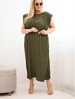 Dámské viskózové plisované šaty Plus Size s vázáním khaki