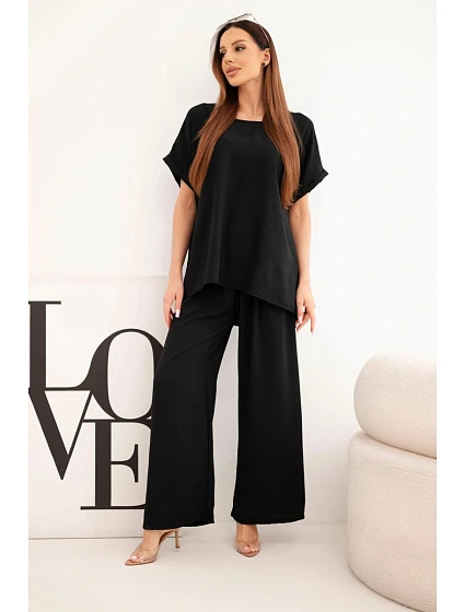 Dámský komplet Plus Size halenka a kalhoty se širokou nohavicí černý