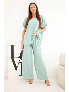 Dámský komplet Plus Size halenka a kalhoty se širokými nohavicemi tmavě mentolová