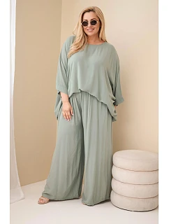 Dámský komplet Plus Size z viskózy se širokými kalhotami a halenkou khaki