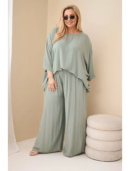 Dámský komplet Plus Size z viskózy se širokými kalhotami a halenkou khaki