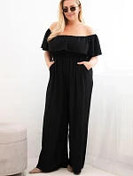 Dámske Plus veľkosť kombinéza s volánom a krátkymi rukávmi čierna