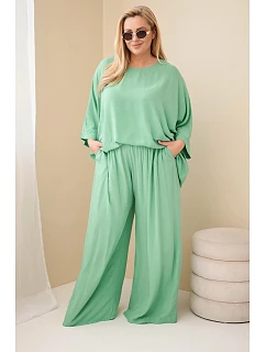 Dámský komplet Plus Size z viskózy se širokými kalhotami a halenkou zelený