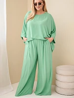 Dámský komplet Plus Size z viskózy se širokými kalhotami a halenkou zelený