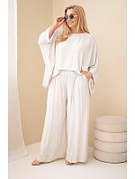 Dámský plus size viskózový komplet se širokými kalhotami a halenkou béžový