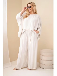 Dámský plus size viskózový komplet se širokými kalhotami a halenkou béžový