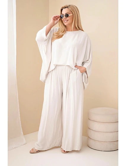 Dámský plus size viskózový komplet se širokými kalhotami a halenkou béžový