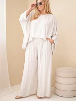 Dámský plus size viskózový komplet se širokými kalhotami a halenkou béžový