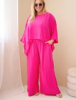 Dámský komplet Plus Size z viskózy se širokými kalhotami a halenkou fuchsiová