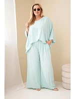 Dámský komplet Plus Size z viskózy se širokými kalhotami a halenkou mátový