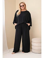 Dámský komplet Plus Size z viskózy se širokými kalhotami a halenkou černý