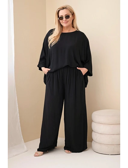 Dámský komplet Plus Size z viskózy se širokými kalhotami a halenkou černý