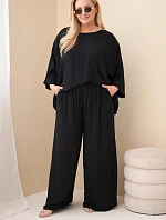 Dámský komplet Plus Size z viskózy se širokými kalhotami a halenkou černý