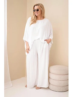 Dámský komplet Plus Size z viskózy se širokými kalhotami a halenkou bílý