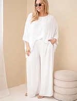 Dámský komplet Plus Size z viskózy se širokými kalhotami a halenkou bílý
