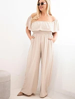 Dámske Plus veľkosť kombinéza s volánom a krátkymi rukávmi béžová