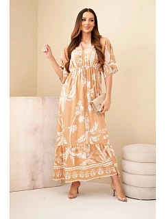 Dámské viskózové maxi šaty se zavazováním camelová