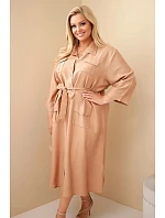 Dámské bavlněné košilové šaty Plus Size s páskem velbloudí barva