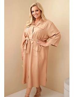 Dámské bavlněné košilové šaty Plus Size s páskem velbloudí barva