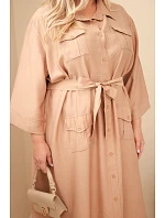 Dámské bavlněné košilové šaty Plus Size s páskem velbloudí barva