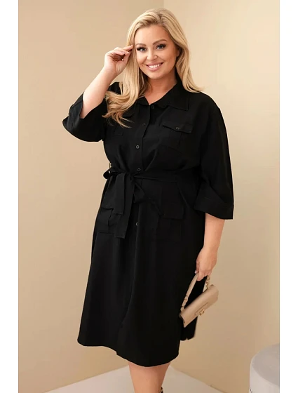 Dámské bavlněné košilové šaty Plus Size s páskem černá