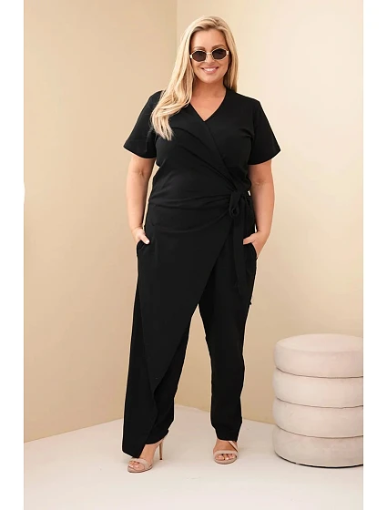 Dámský bavlněný overal Plus Size se zavazováním v pase černý
