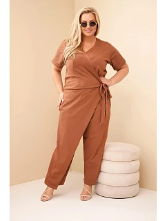 Dámský bavlněný overal Plus Size se zavazováním v pase velbloudí