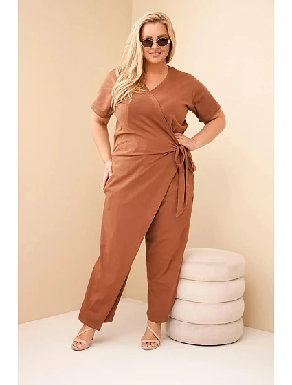 Dámský bavlněný overal Plus Size se zavazováním v pase velbloudí