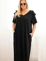 Dámske plus size bavlnené šaty s volánom na ramenách čierne