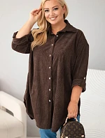 Dámska košeľa Plus Size z viskózového manšestru s odnímateľnými rukávmi, hnedá