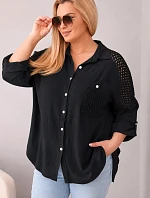 Dámská bavlněná košile Plus Size s límečkem a krajkovým vsadkou černá
