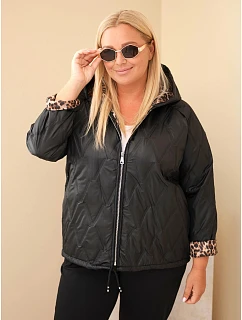 Dámská bunda Plus Size s kapucí a leopardím zakončením černá