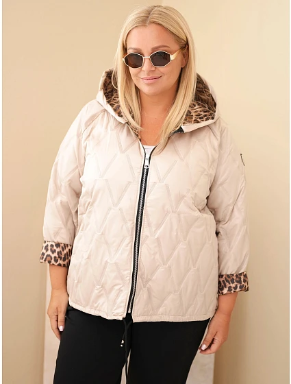 Dámská bunda Plus Size s kapucí a leopardím lemem béžová tmavá